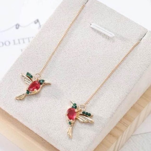 New Gold-Tone & Dark Red/Green Crystal Hummingbird Threaders w/Gold-Tone Chain - Picture 2 of 11